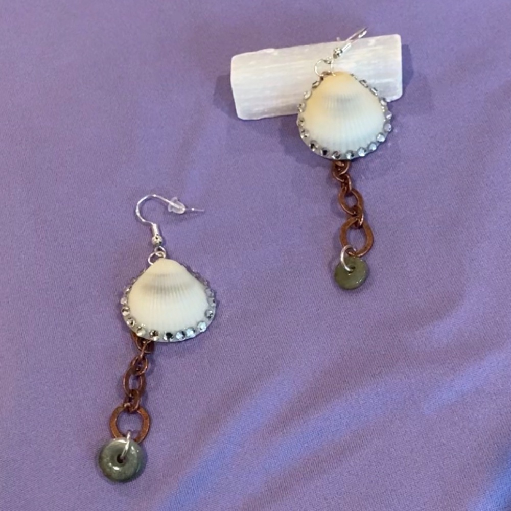 Natural Shell Earrings, Genuine Swarovski Crystals, copper chain, Jade gemstone